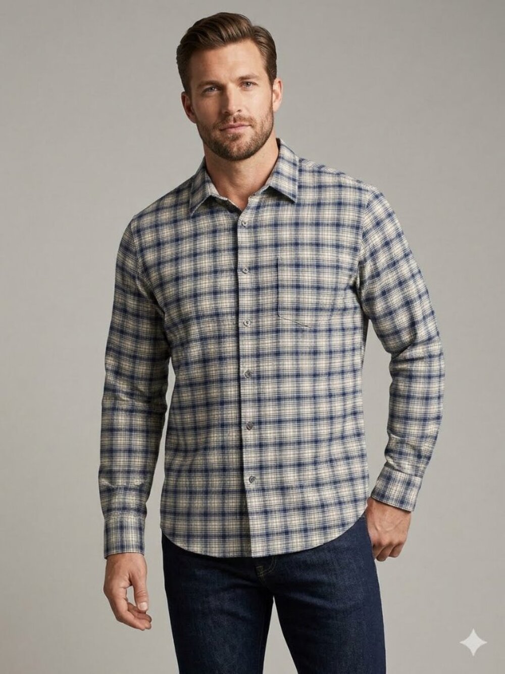 Vince Beluga long sleeve plaid shirt in cool-toned neutrals, size L